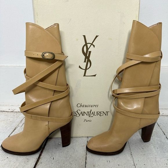 Yves Saint Laurent Shoes - Vintage YSL 1978 Laurelle Camel Strappy Boot